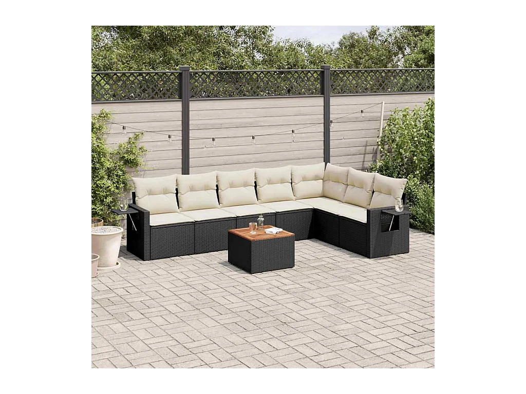 Salon de jardin 8 pcs avec coussins noir résine tressée