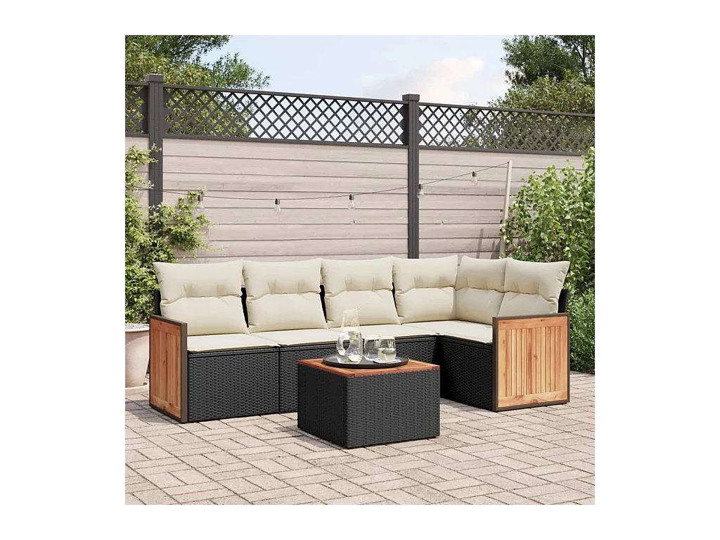 Set Divano da Giardino 6 pz con Cuscini Nero in Polyrattan