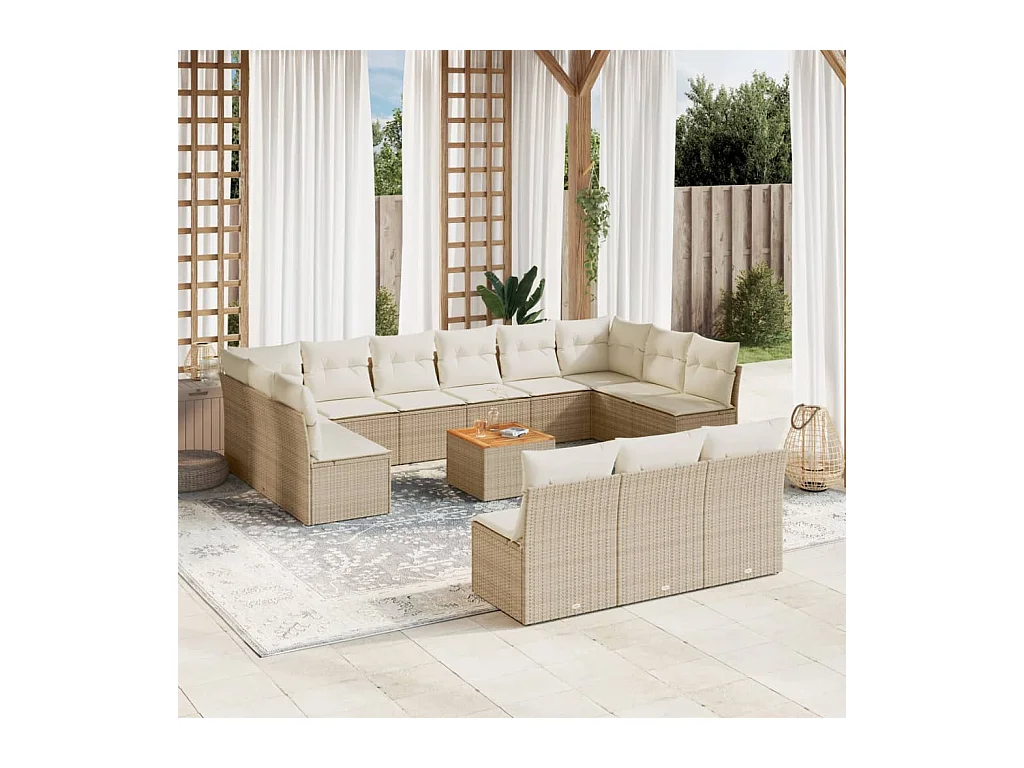 Salon de jardin avec coussins 14 pcs beige résine tressée