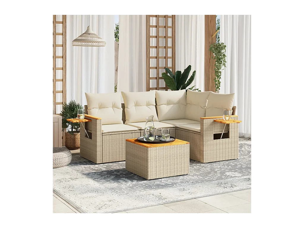 5-tlg. Garten-Sofagarnitur mit Kissen Beige Poly Rattan