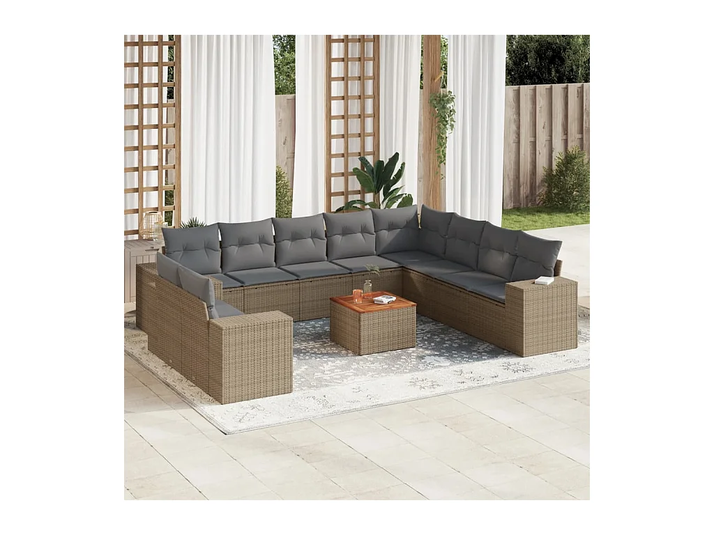 11-tlg. Garten-Sofagarnitur mit Kissen Beige Poly Rattan