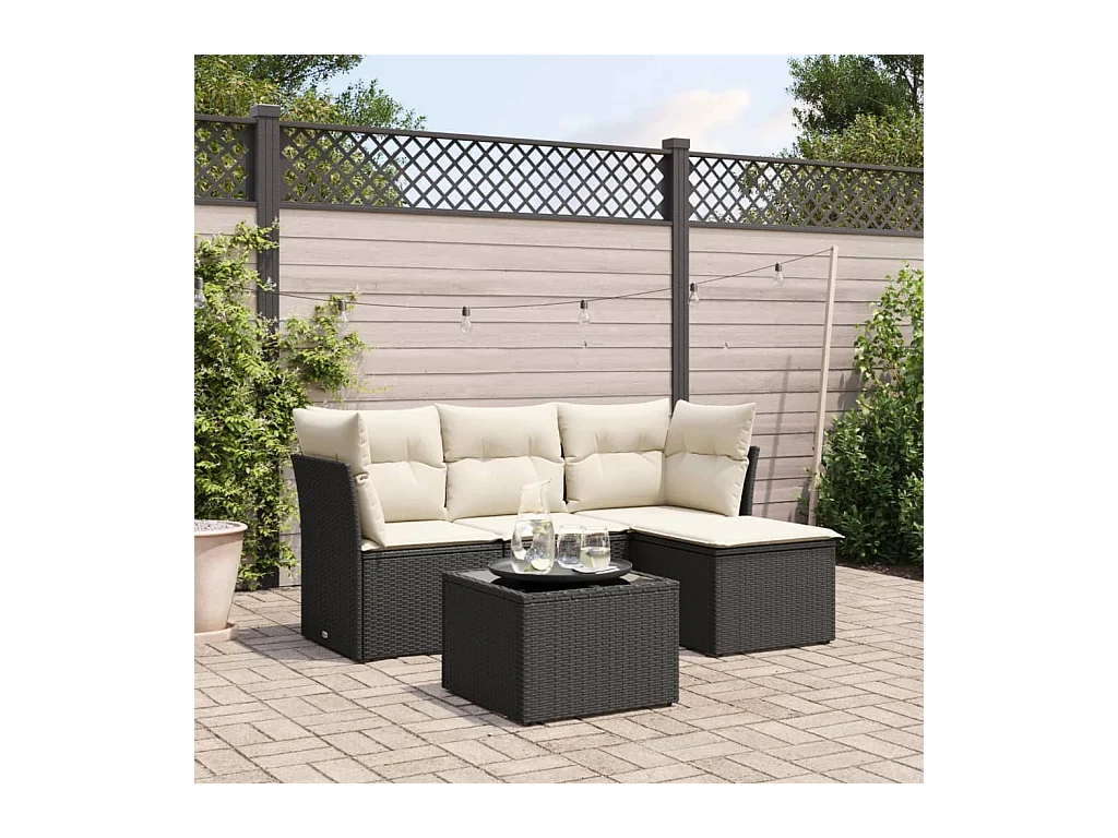5-tlg. Garten-Sofagarnitur mit Kissen Schwarz Poly Rattan