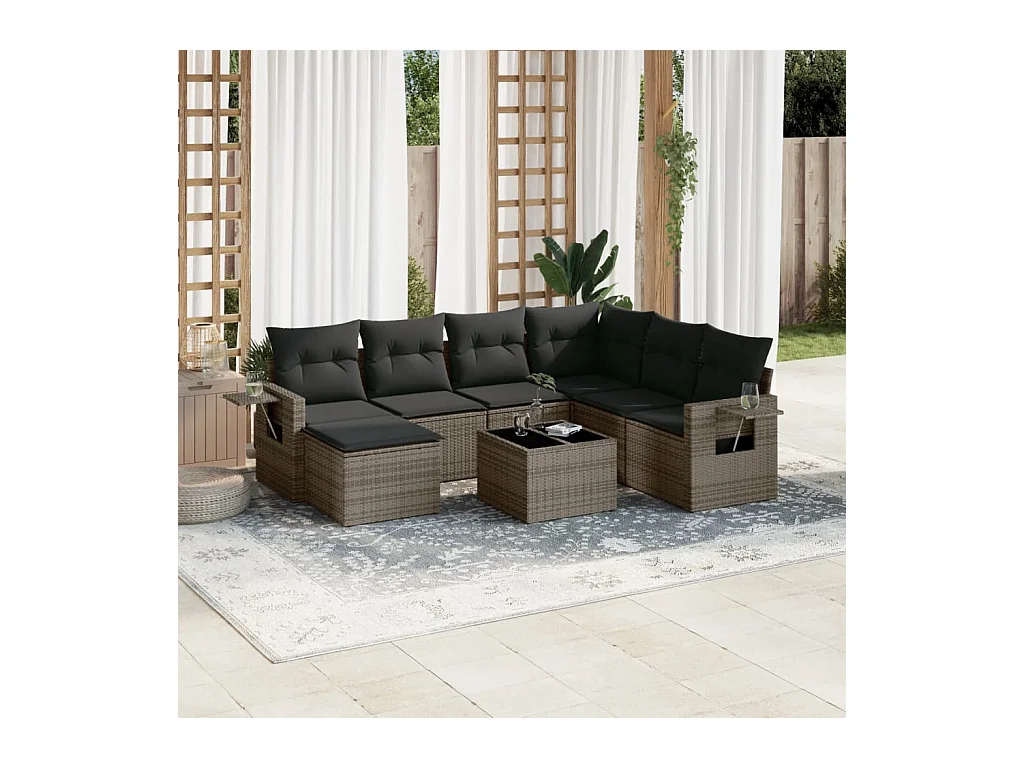 8-delige Loungeset met kussens poly rattan grijs
