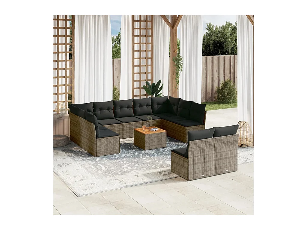 12-tlg. Garten-Sofagarnitur mit Kissen Grau Poly Rattan