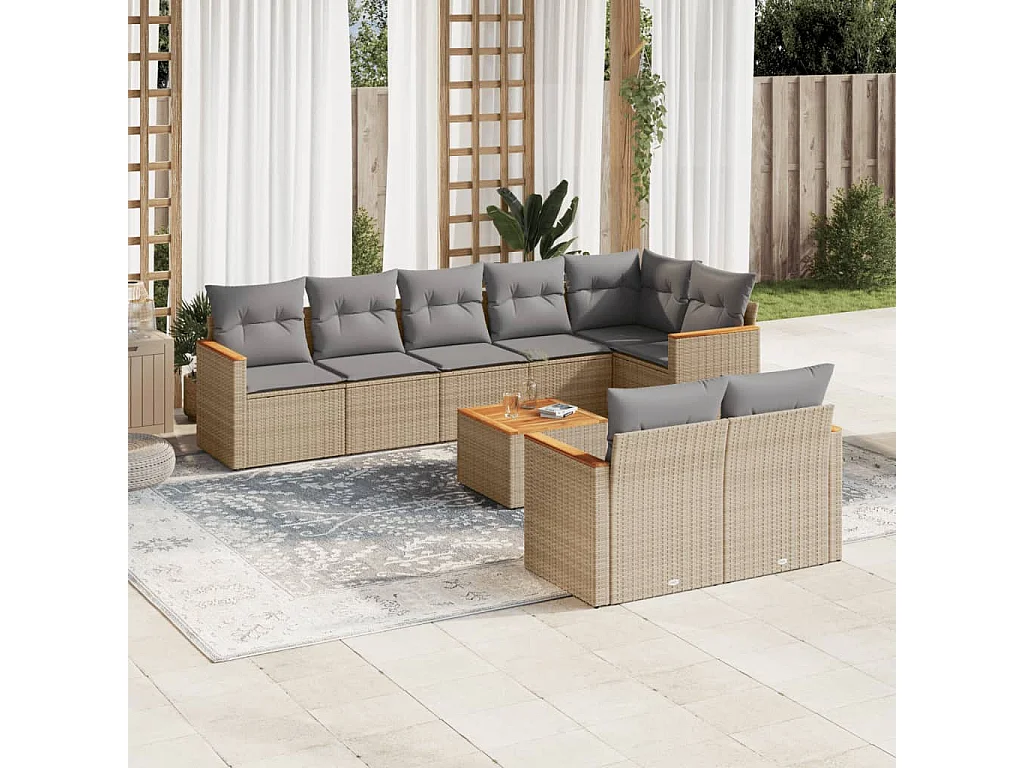 Set Divano da Giardino 9 pz con Cuscini Beige in Polyrattan