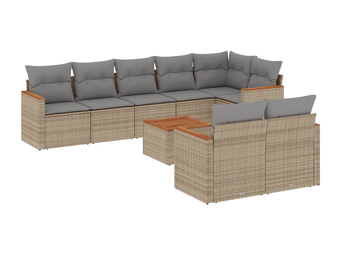 Set Divano da Giardino 9 pz con Cuscini Beige in Polyrattan