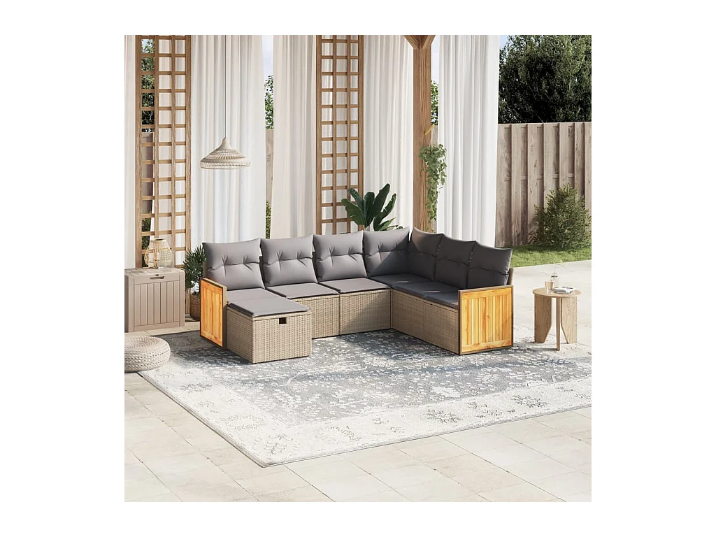 7-delige Loungeset met kussens poly rattan gemengd beige