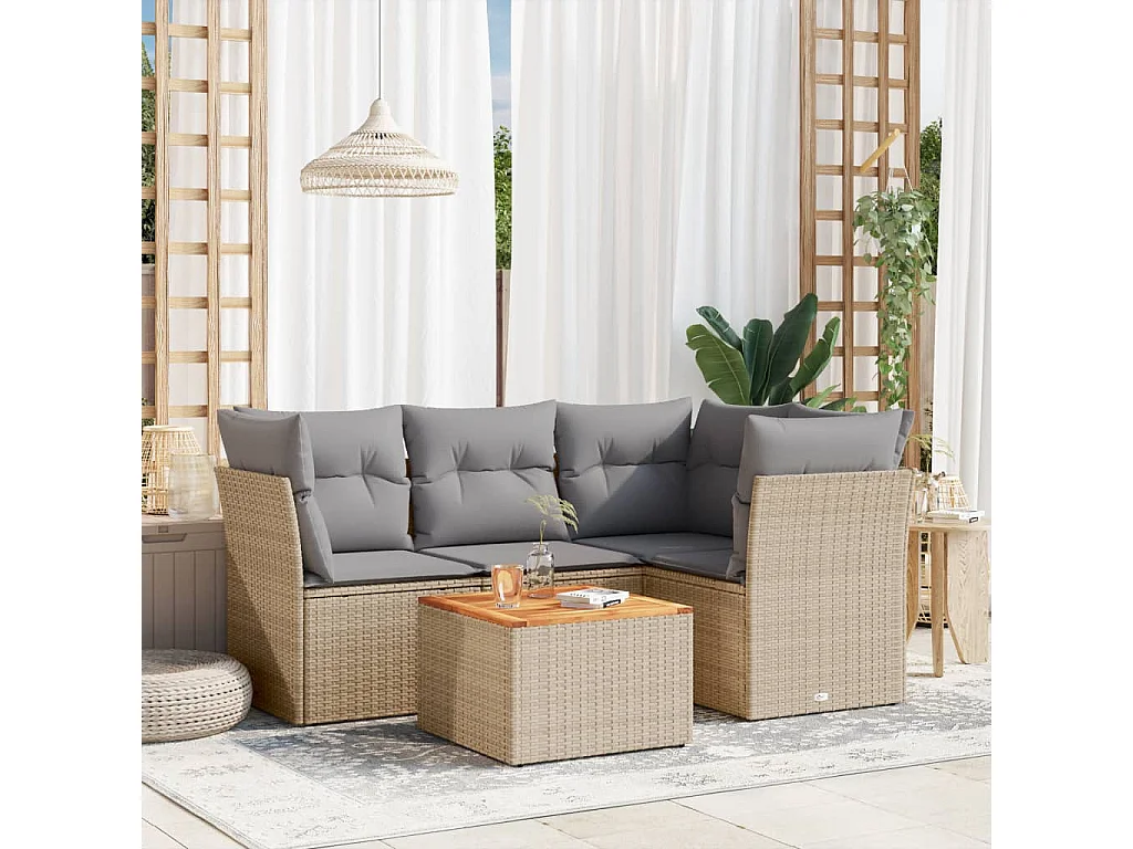 Set Divano da Giardino 5 pz con Cuscini Beige Misto Polyrattan