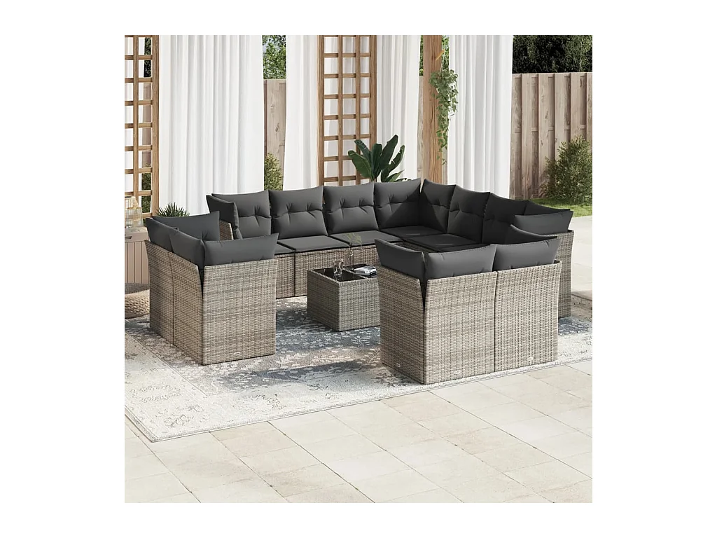 Salon de jardin avec coussins 12 pcs gris résine tressée