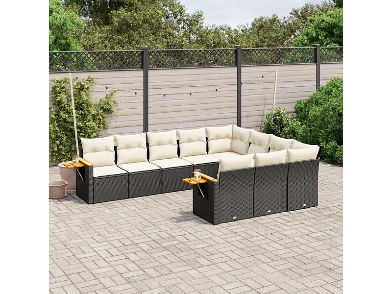 10-delige Loungeset met kussens poly rattan zwart