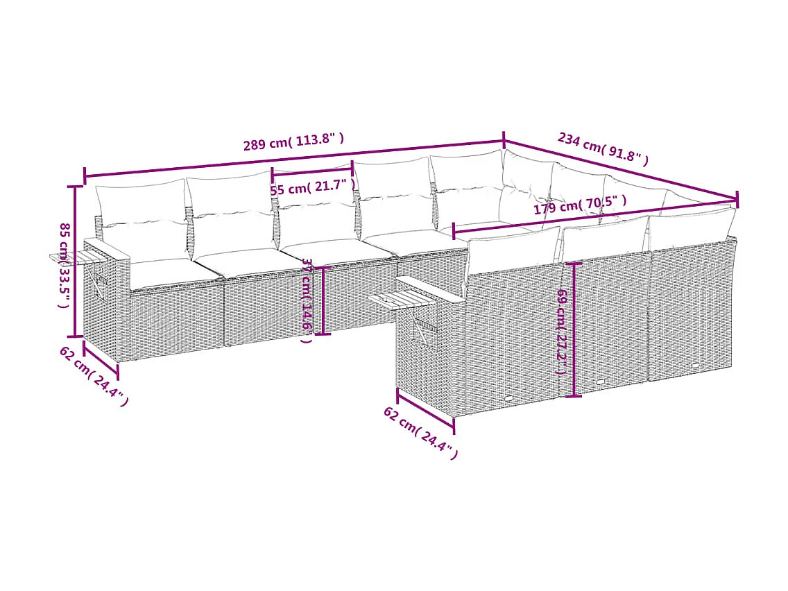 Salon de jardin 10 pcs avec coussins noir résine tressée