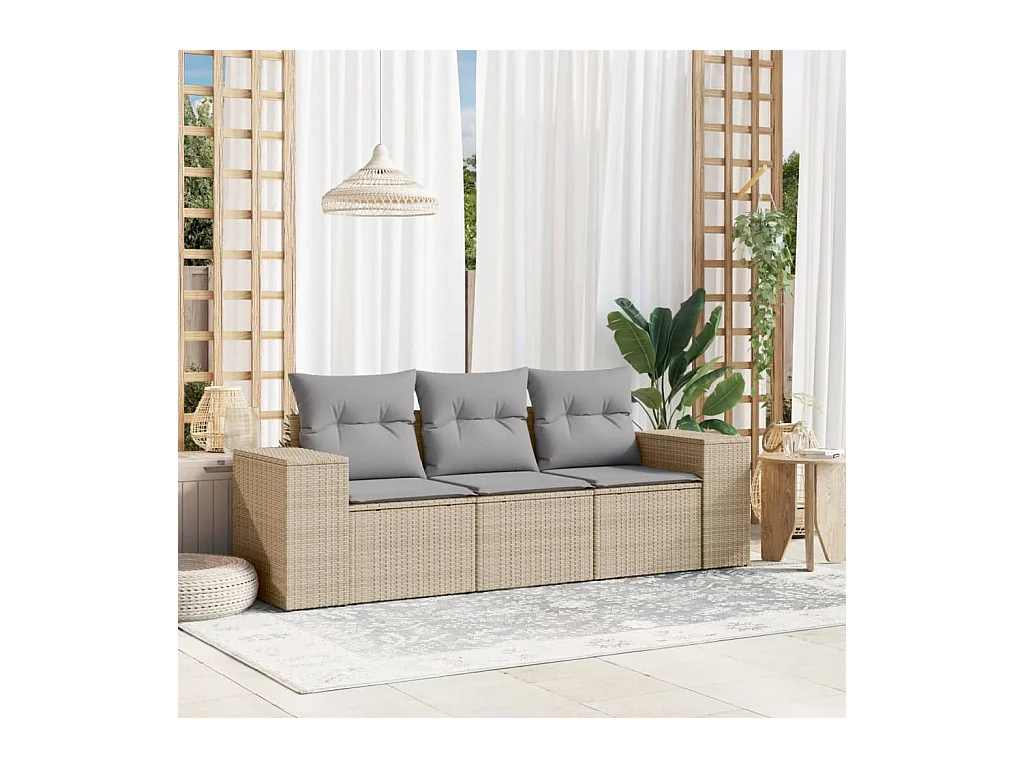 Set Divano da Giardino 3 pz con Cuscini Beige in Polyrattan