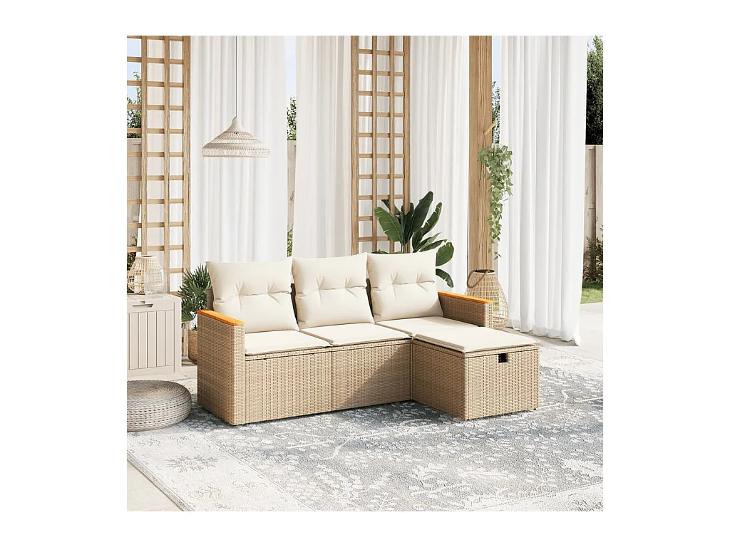 Set Divano da Giardino 4 pz con Cuscini Beige in Polyrattan