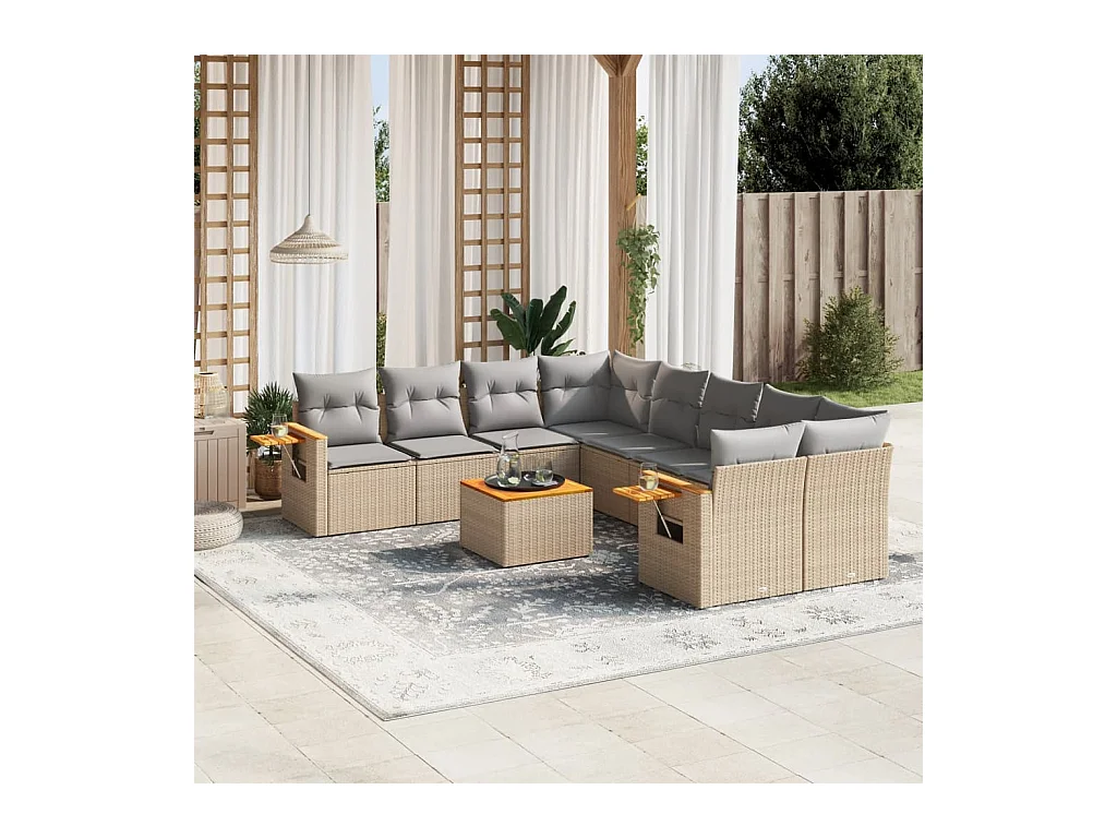 Set de sofás de jardín 9 pzas con cojines ratán sintético beige
