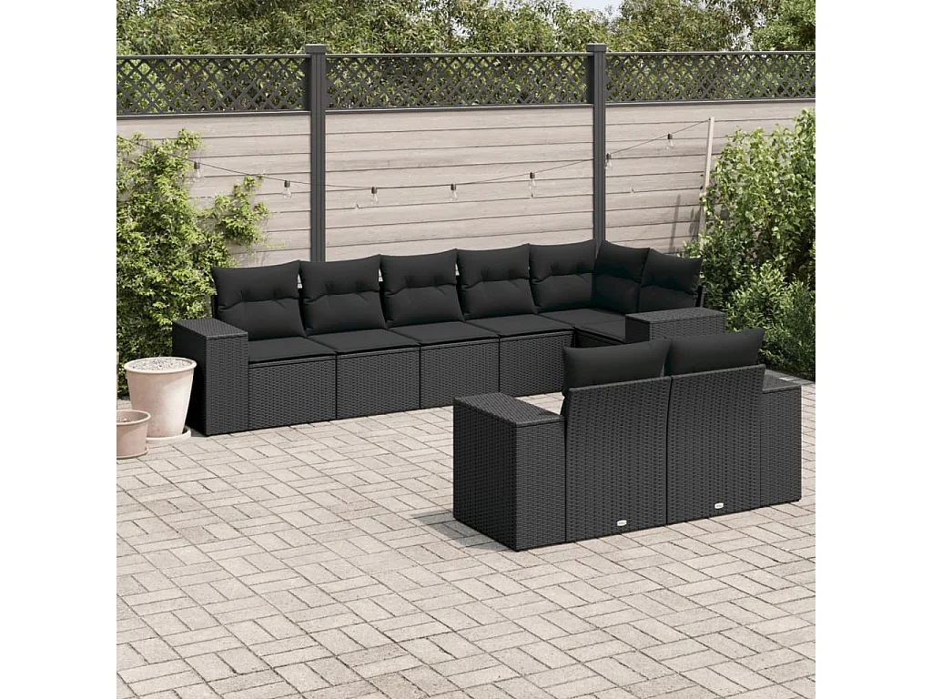 8-delige Loungeset met kussens poly rattan zwart