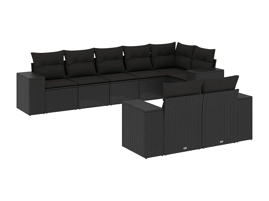 8-delige Loungeset met kussens poly rattan zwart
