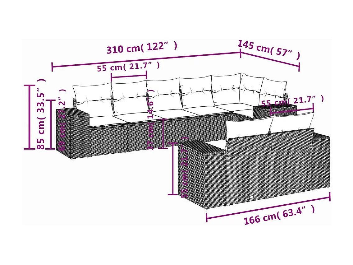 8-delige Loungeset met kussens poly rattan zwart