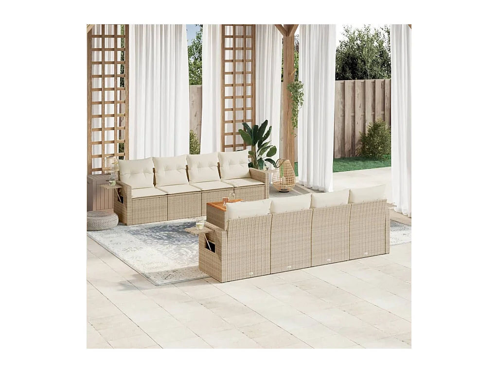 Salon de jardin avec coussins 9 pcs beige résine tressée