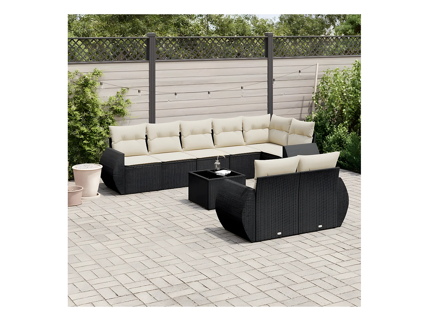 Salon de jardin 9 pcs avec coussins noir résine tressée