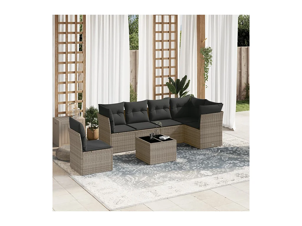 Set Divani da Giardino 7 pz con Cuscini Grigio in Polyrattan