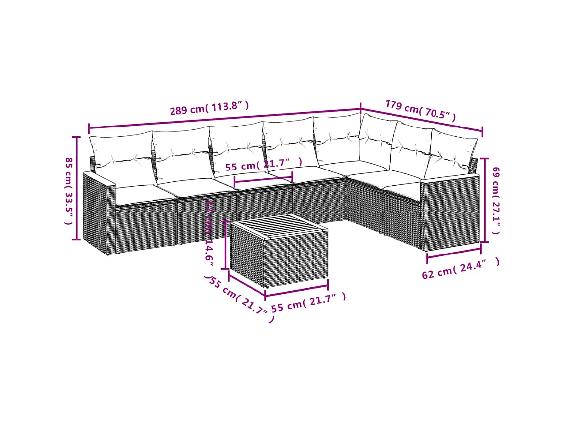 Salon de jardin 8 pcs avec coussins noir résine tressée