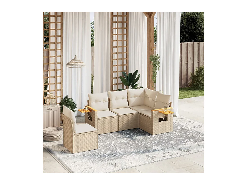 Set Divano da Giardino 5 pz con Cuscini Beige in Polyrattan