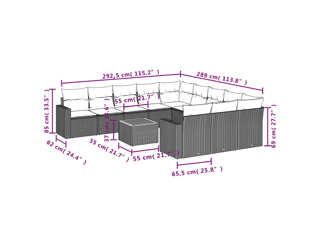 12-tlg. Garten-Sofagarnitur mit Kissen Schwarz Poly Rattan