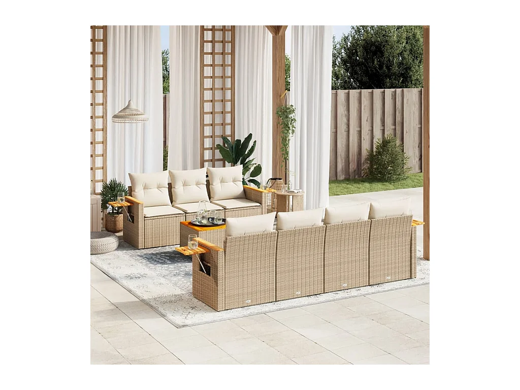 Salon de jardin avec coussins 8 pcs beige résine tressée