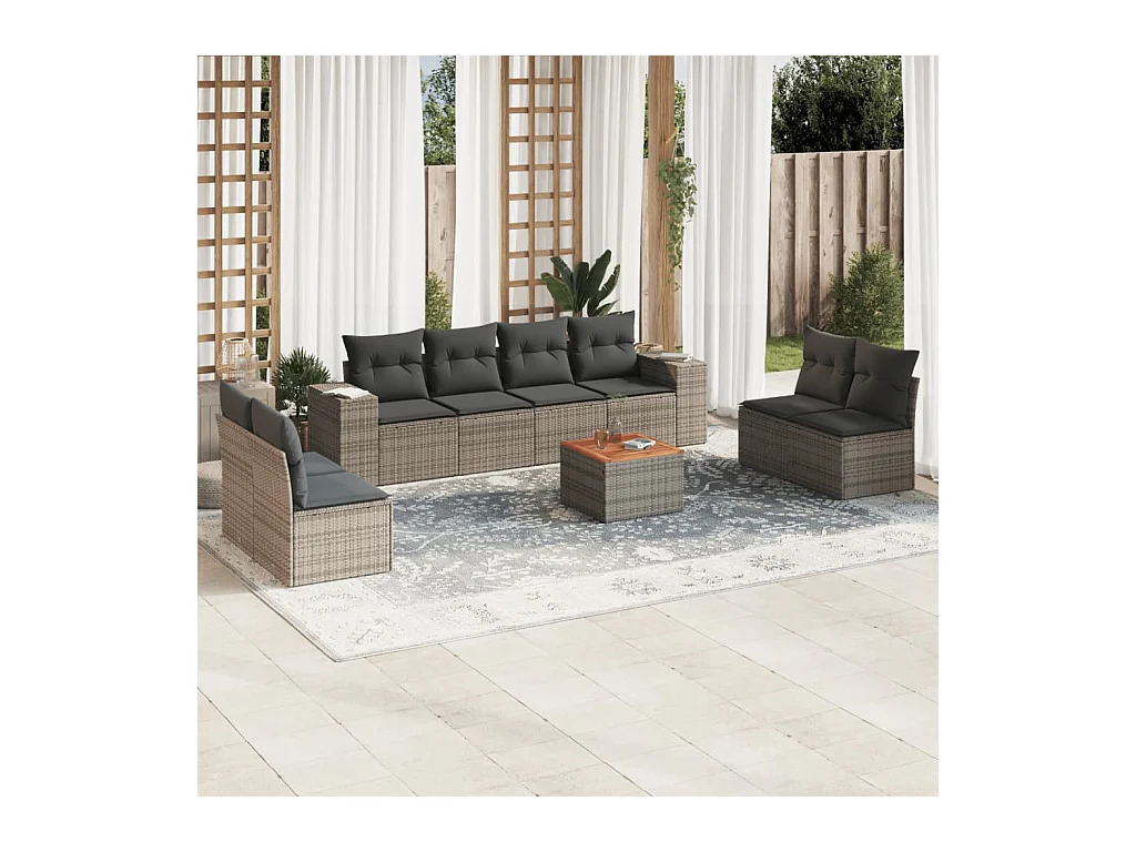 Salon de jardin 9 pcs avec coussins gris résine tressée