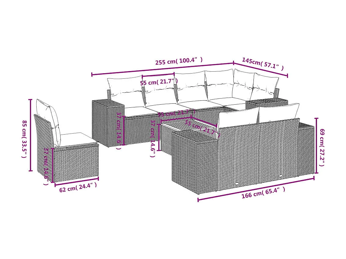 9 pcs conjunto de sofás p/ jardim c/ almofadões vime PE preto