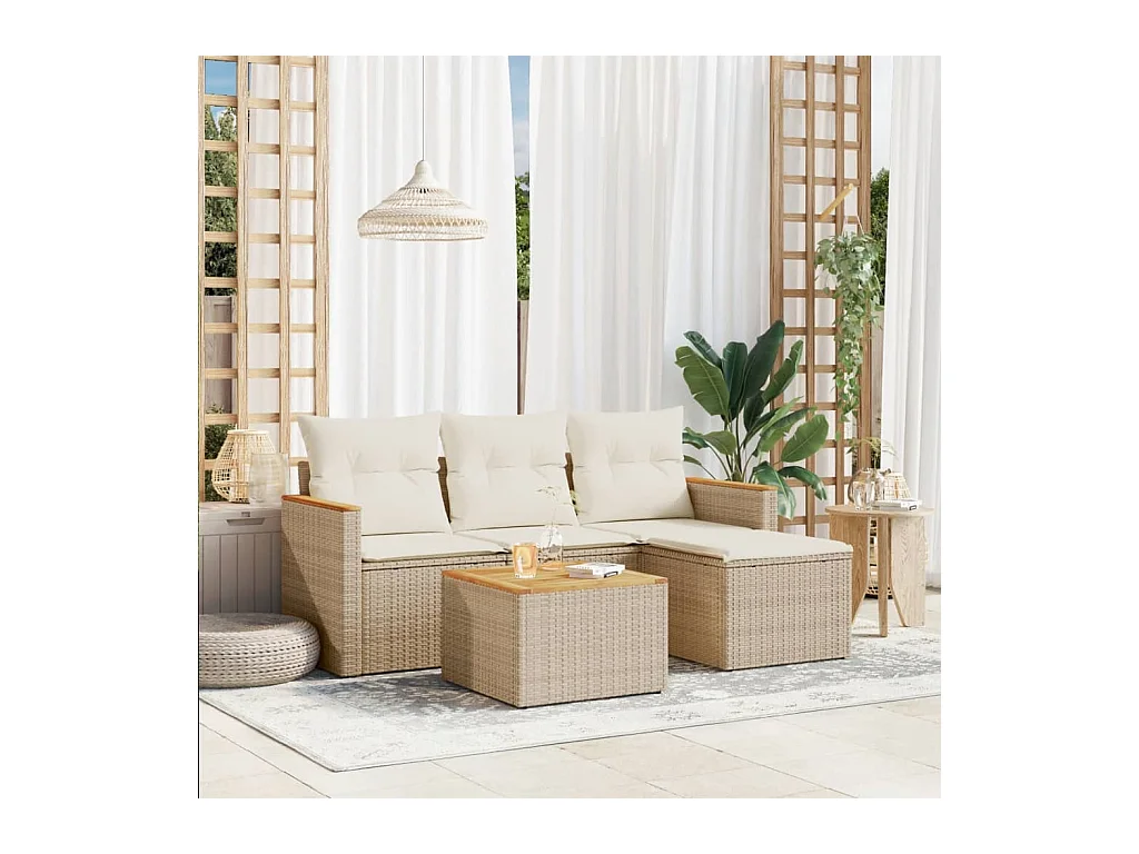 Set Divano da Giardino 5 pz con Cuscini Beige in Polyrattan