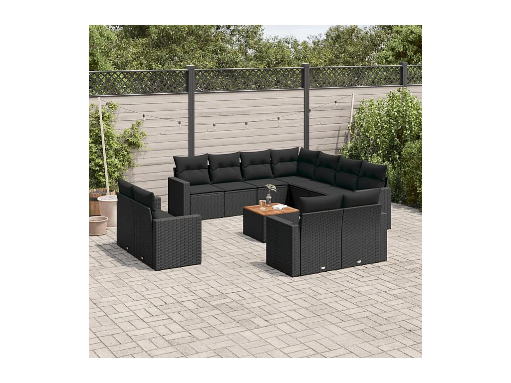 Salon de jardin 12 pcs avec coussins noir résine tressée