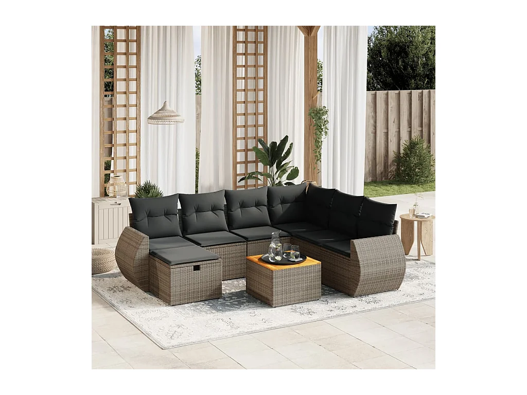 8-tlg. Garten-Sofagarnitur mit Kissen Grau Poly Rattan