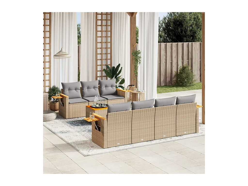 8-delige Loungeset met kussens poly rattan beige