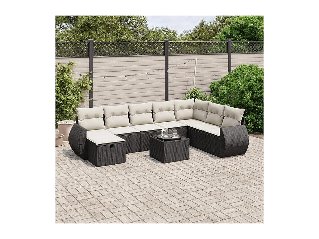 Salon de jardin 9 pcs avec coussins noir résine tressée
