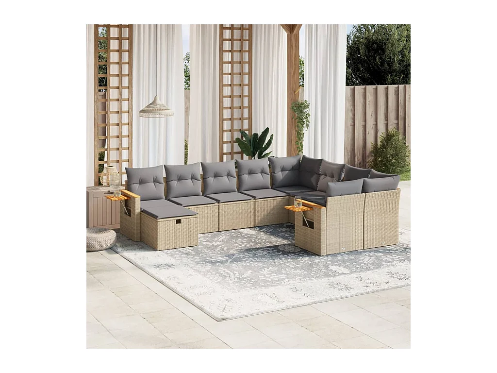 Salon de jardin avec coussins 10 pcs beige résine tressée
