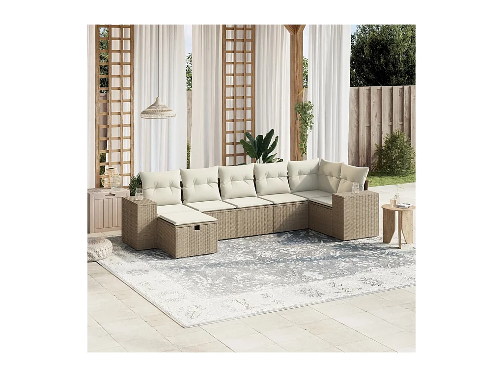 Set Divani da Giardino 7 pz con Cuscini Beige in Polyrattan
