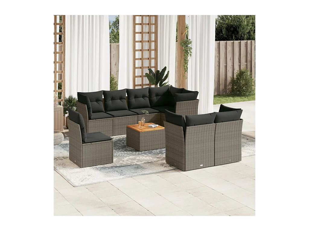Set Divano da Giardino 9 pz con Cuscini Grigio in Polyrattan