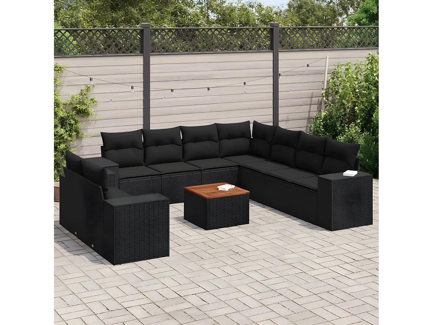 10-tlg. Garten-Sofagarnitur mit Kissen Schwarz Poly Rattan