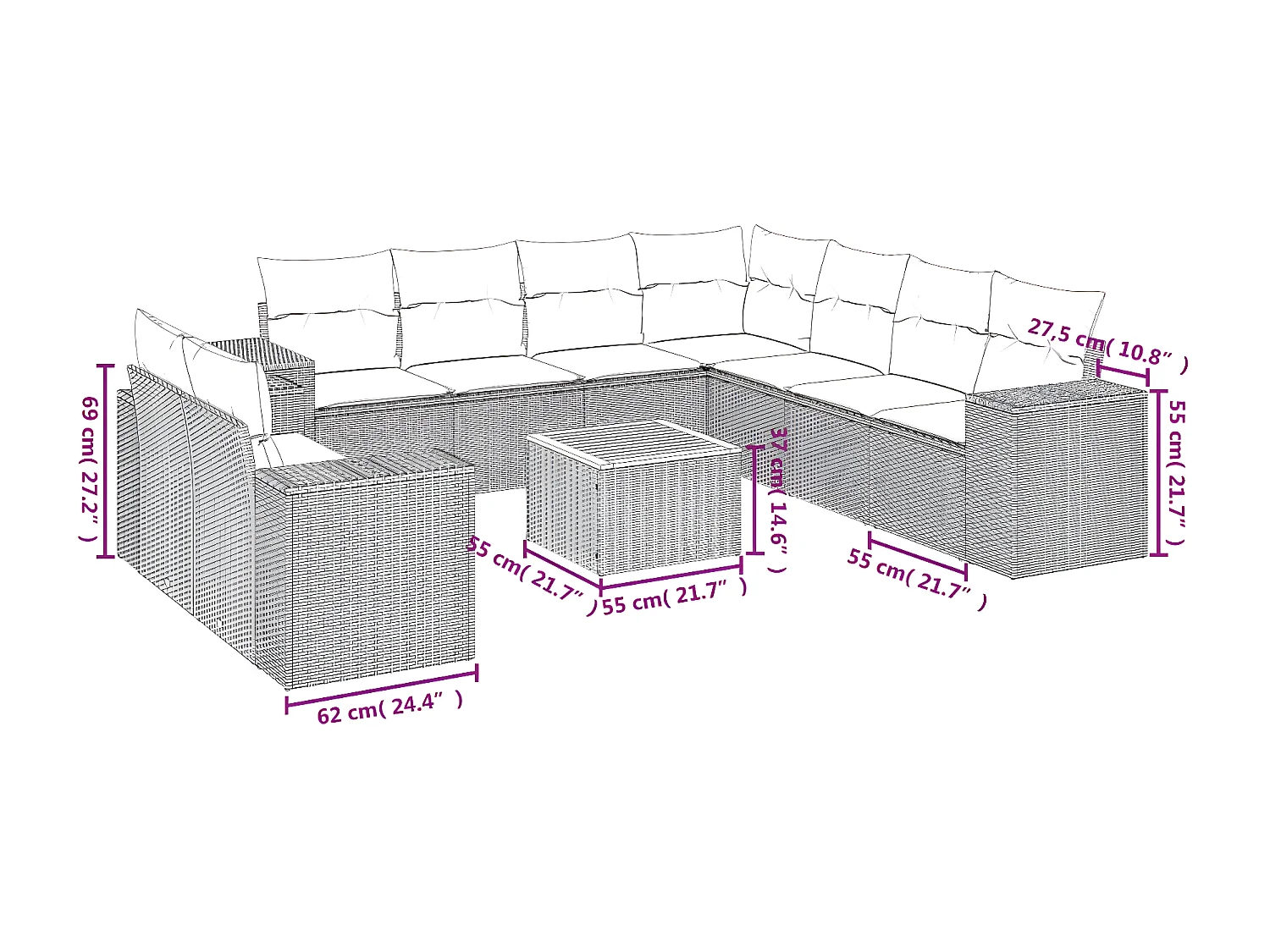 10-tlg. Garten-Sofagarnitur mit Kissen Schwarz Poly Rattan