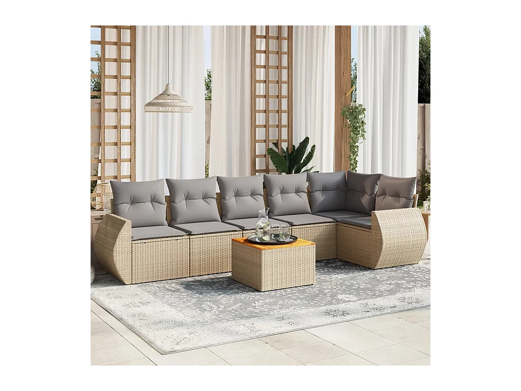 Set sofás de jardín 7 piezas y cojines ratán sintético beige
