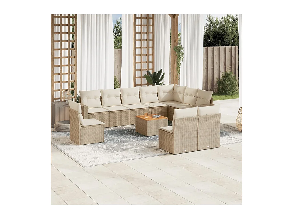 Set Divani da Giardino 11 pz con Cuscini Beige in Polyrattan