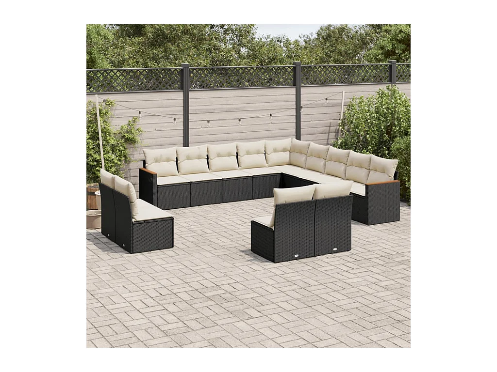 Salon de jardin avec coussins 13 pcs noir résine tressée