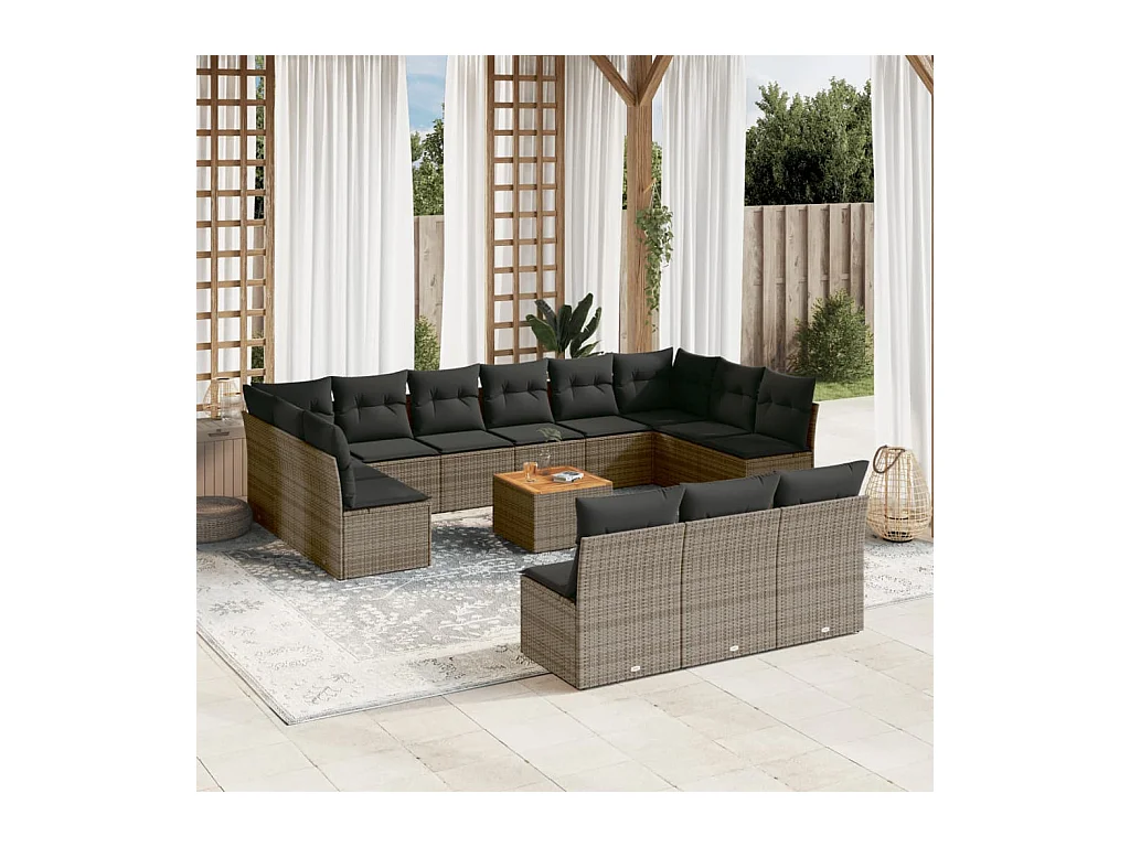 Set Divani da Giardino 14pz con Cuscini in Polyrattan Grigio