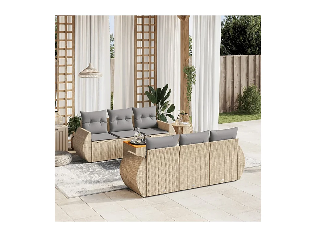 Set Divani da Giardino 7 pz con Cuscini Beige in Polyrattan