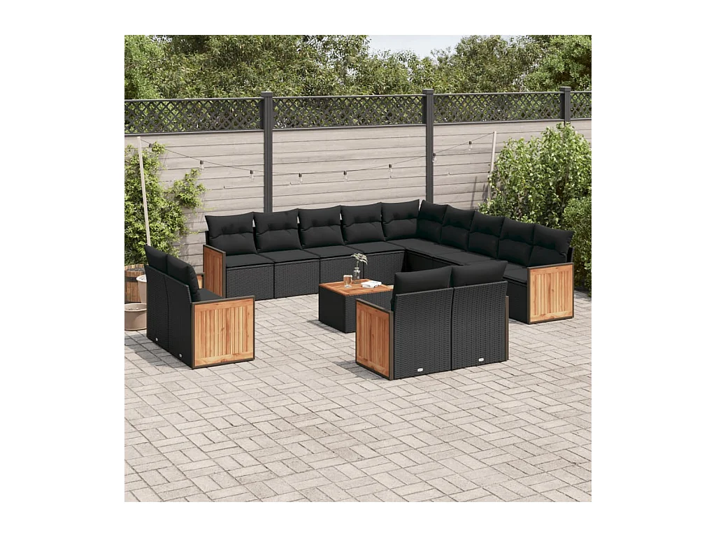 Salon de jardin avec coussins 14 pcs noir résine tressée