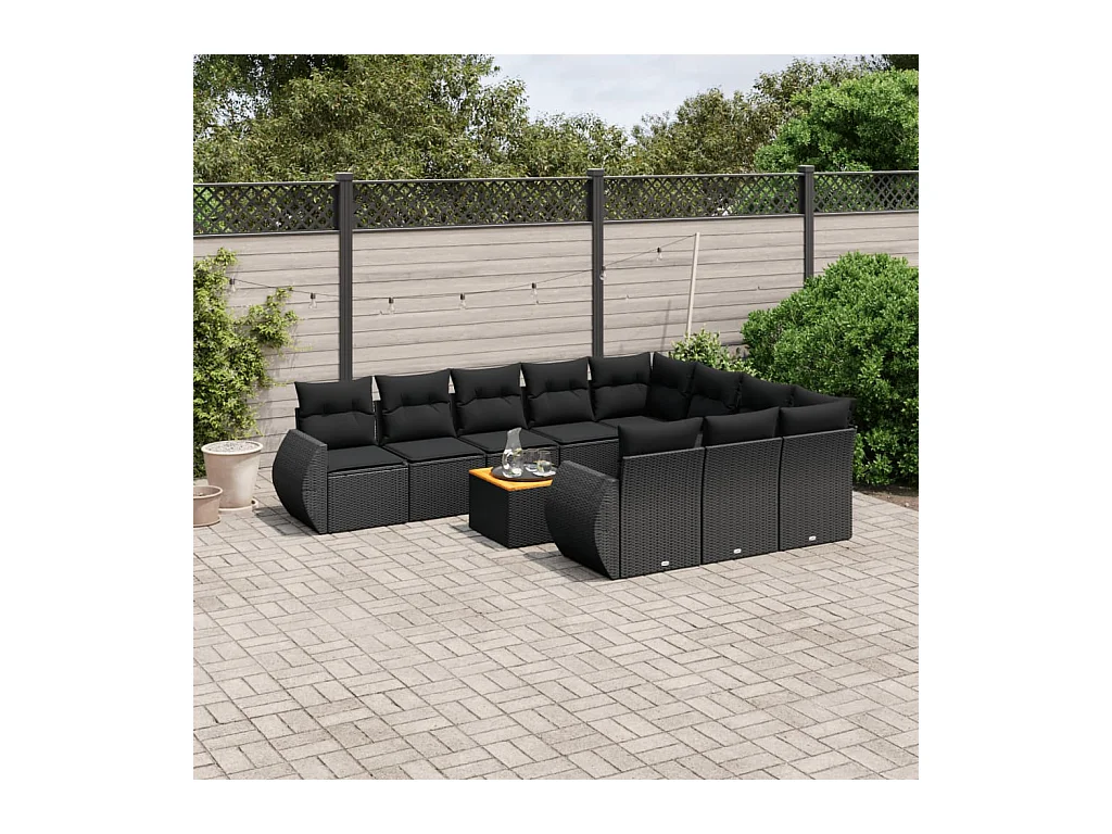 11-tlg. Garten-Sofagarnitur mit Kissen Schwarz Poly Rattan