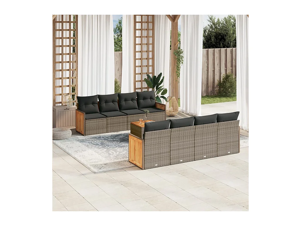 Salon de jardin 9 pcs avec coussins gris résine tressée