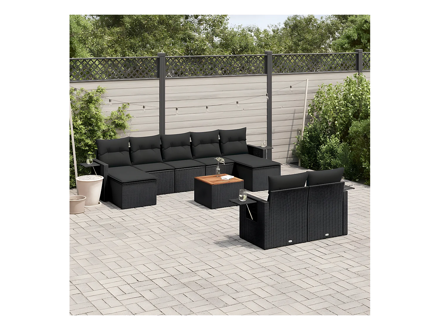 Set Divani da Giardino 10pz con Cuscini in Polyrattan Nero