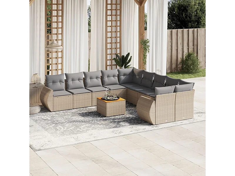 11-tlg. Garten-Sofagarnitur mit Kissen Beige Poly Rattan